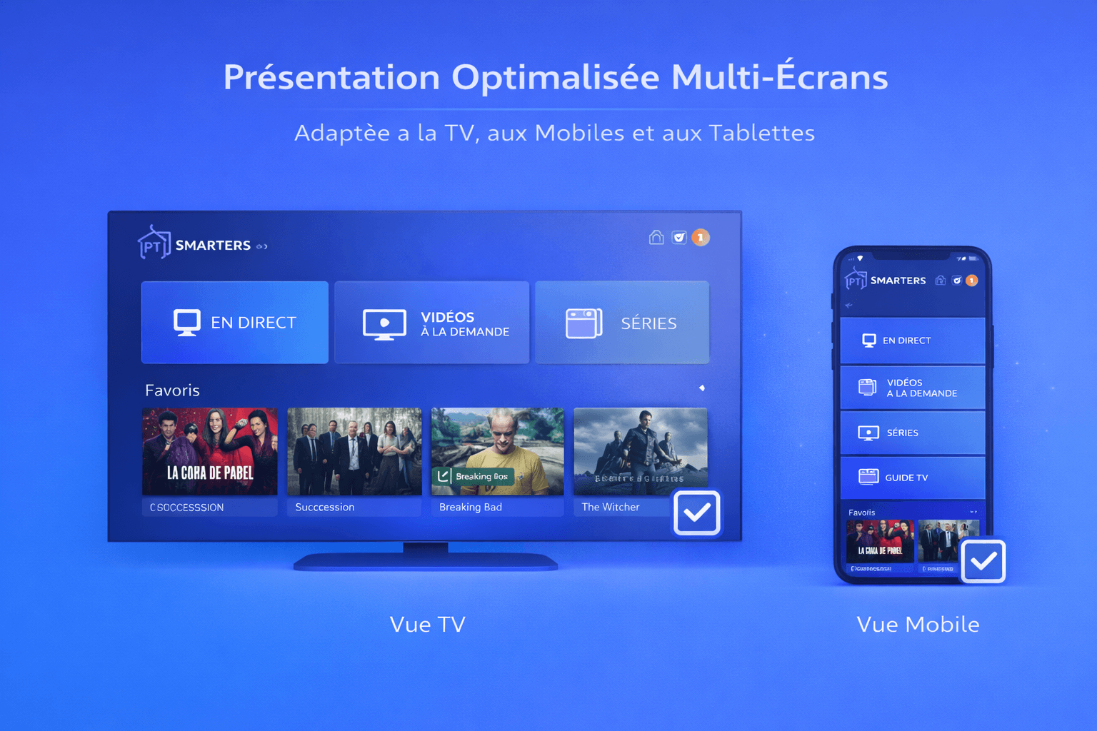 IPTV Smarters : interface multi-écrans — analyse de l’adaptation visuelle selon les écrans (TV, mobile, tablette, box)